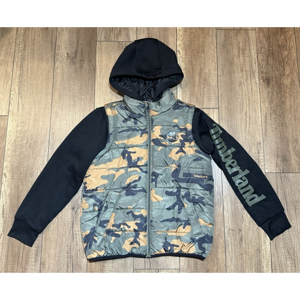 TIMBERLAND‎ Boys M 10/12 Camo Puffer Jacket Hooded Black Sleeve Zip Up Logo